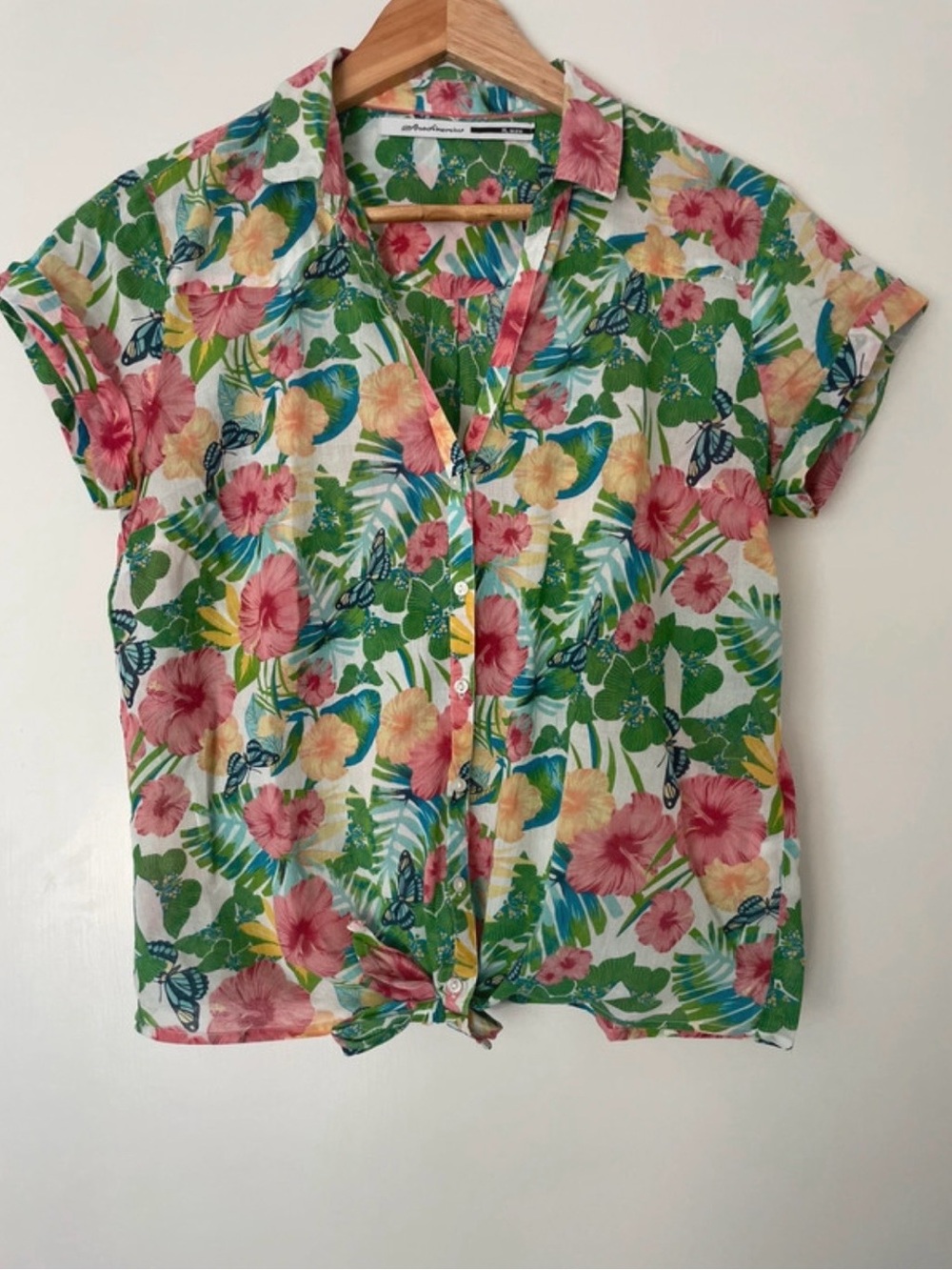 stradivarius Floral Tie-Front Button-Down Shirt in Green, Pink & Yellow